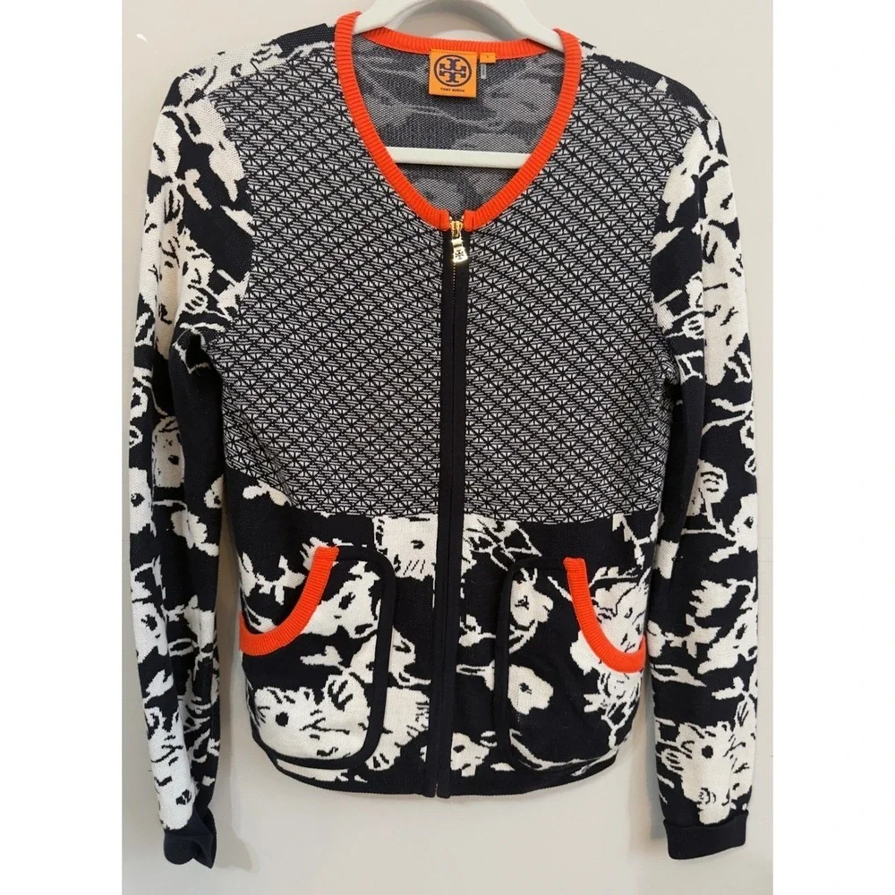 Tory Burch Women Navy White Floral Geometric Zip Front Cotton Cardigan Sweater L